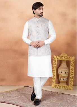 Art Silk Kurta Pajama With Jacket with Woven Work in White for Festival