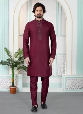 Art Silk Kurta Pajama with Resham Work for Festival in Crimson