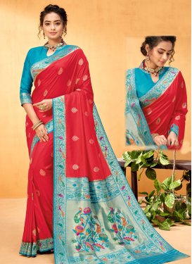 Art Silk Light Blue and Red Woven Work Designer Traditional Saree