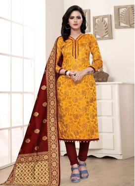 Art Silk Maroon and Mustard Woven Work Trendy Straight Salwar Suit