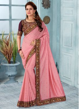 Art Silk Maroon and Salmon Embroidered Work Traditional Designer Saree
