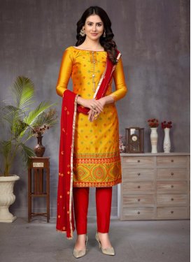 Art Silk Mustard and Red Woven Work Pant Style Classic Salwar Suit
