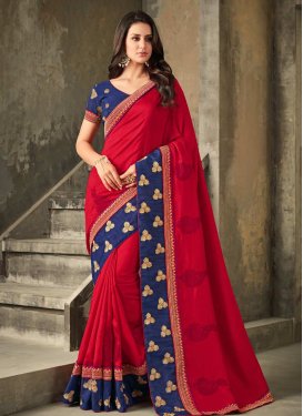 Art Silk Navy Blue and Red Classic Saree