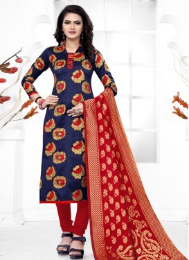 Art Silk Navy Blue and Red Woven Work Trendy Churidar Suit