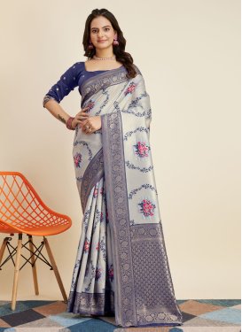 Art Silk Navy Blue and Silver Color Woven Work Traditional Designer Saree