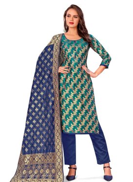 Art Silk Navy Blue and Teal Woven Work Pant Style Classic Salwar Suit