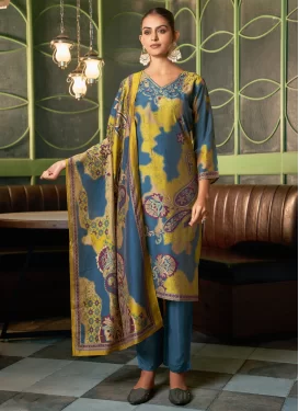 Art Silk Readymade Salwar Suit with Digital Print Work for Ceremonial in Mustard and Teal