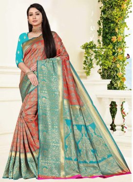Art Silk Red and Turquoise Designer Traditional Saree For Ceremonial