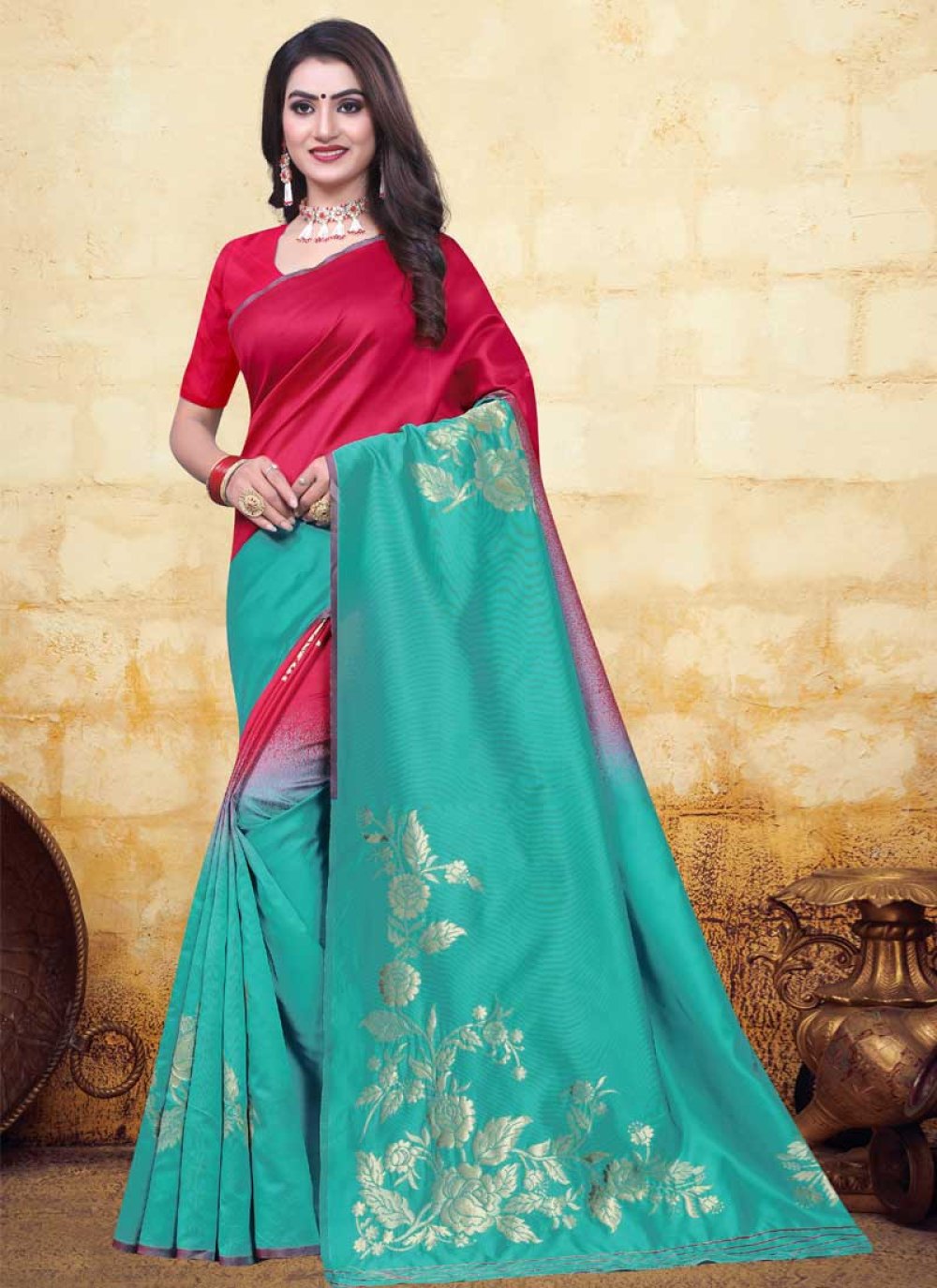Art Silk Red and Turquoise Woven Work Designer Contemporary Saree