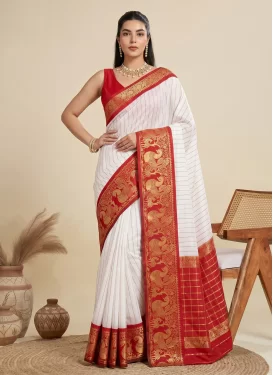 Art Silk Traditional Saree in Red and White with Woven Work for Casual