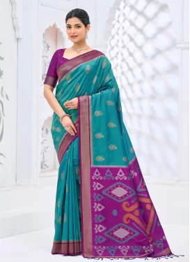 Art Silk Traditional Saree with Woven Work for Festival in Aqua Blue and Purple