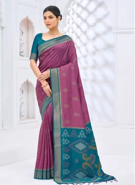 Art Silk Traditional Saree with Woven Work in Mauve Pink and Teal for Ceremonial