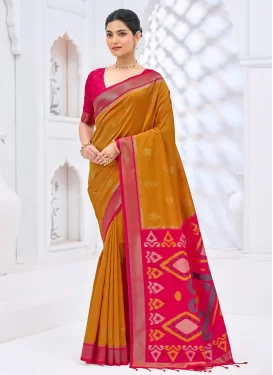 Art Silk Traditional Saree with Woven Work in Mustard and Rose Pink for Ceremonial