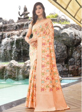 Art Silk Traditional Saree with Woven Work in Peach