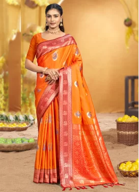 Art Silk Trendy Saree in Orange with Woven Work for Women
