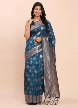 Art Silk Trendy Saree with Woven Work in Teal for Casual