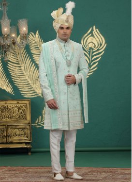Art Silk Wedding Sherwani in Aqua Blue and Beige with Embroidered Work for Men