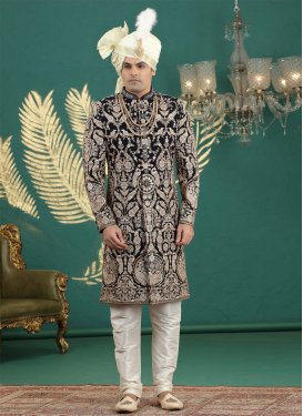 Art Silk Wedding Sherwani in Beige and Black with Embroidered Work for Ceremonial