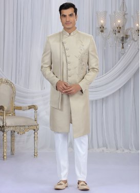 Art Silk Wedding Sherwani in Beige and White with Cutdana Work for Men
