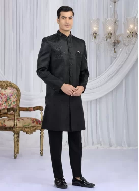 Art Silk Wedding Sherwani in Black with Cutdana Work for Men