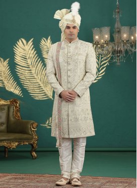 Art Silk Wedding Sherwani in Cream with Embroidered Work for Party