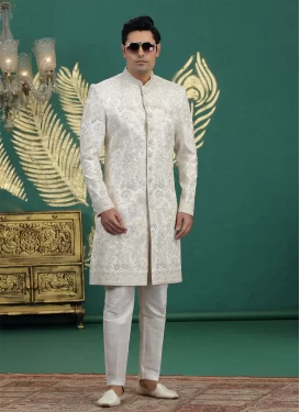 Art Silk Wedding Sherwani in Off White with Embroidered Work for Men