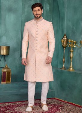 Art Silk Wedding Sherwani in Peach with Beads Work for Men