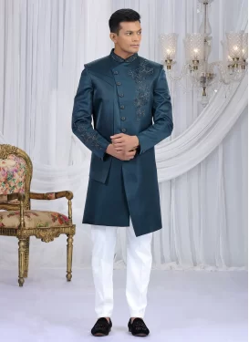 Art Silk Wedding Sherwani in Teal and White with Cutdana Work for Men