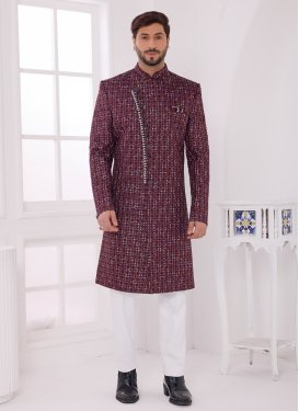 Art Silk Wedding Sherwani in Wine with Embroidered Work for Men