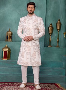 Art Silk Wedding Sherwani with Beads Work in Cream