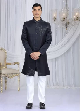 Art Silk Wedding Sherwani with Cutdana Work for Ceremonial in Navy Blue and White