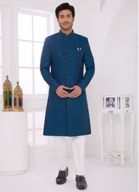 Art Silk Wedding Sherwani with Cutdana Work for Festival in Teal