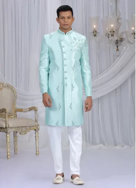 Art Silk Wedding Sherwani with Cutdana Work for Men in Firozi and White
