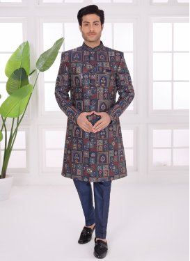 Art Silk Wedding Sherwani with Cutdana Work in Navy Blue