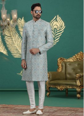 Art Silk Wedding Sherwani with Embroidered Work for Festival in Aqua Blue and Off White