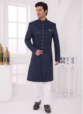 Art Silk Wedding Sherwani with Embroidered Work for Festival in Navy Blue