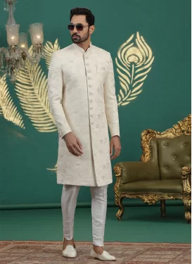 Art Silk Wedding Sherwani with Embroidered Work in Cream and Off White for Ceremonial