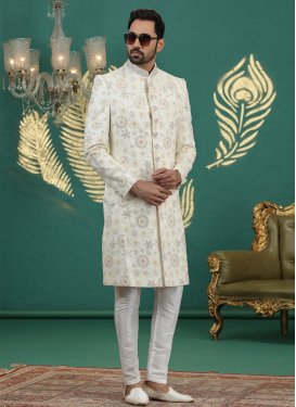 Art Silk Wedding Sherwani with Embroidered Work in Cream and Off White for Party