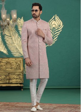 Art Silk Wedding Sherwani with Embroidered Work in Off White and Salmon for Festival