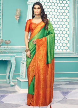 Art Silk Woven Work Green and Orange Contemporary Style Saree