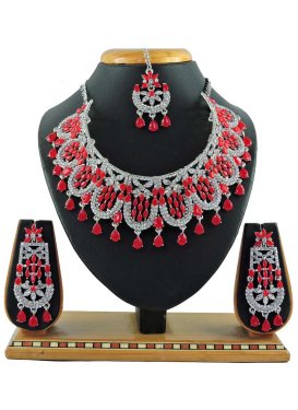 Artistic Beads Work Red and White Necklace Set for Bridal