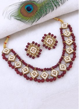 Artistic Gold Rodium Polish Beads Work Alloy Maroon and White Necklace Set