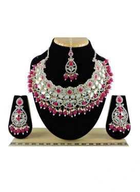 Artistic Gold Rodium Polish Beads Work Rose Pink and White Necklace Set for Festival