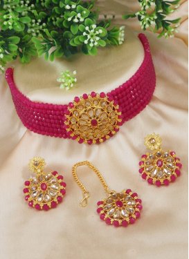 Artistic Gold Rodium Polish Gold and Rose Pink Necklace Set For Party