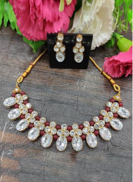 Artistic Gold Rodium Polish Moti Work Maroon and White Necklace Set for Festival
