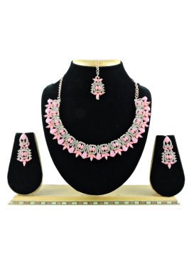 Artistic Gold Rodium Polish Pink and White Necklace Set For Ceremonial