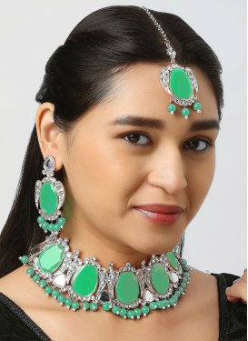Artistic Mint Green and White Alloy Necklace Set For Festival