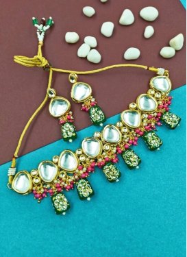 Artistic Moti Work Green and Rose Pink Gold Rodium Polish Necklace Set