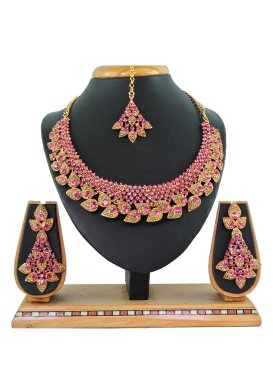 Artistic Pink and White Stone Work Gold Rodium Polish Necklace Set