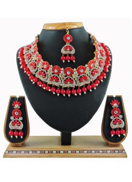 Artistic Red and White Gold Rodium Polish Necklace Set For Festival